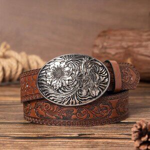Silver tone Flower Buckle Casual Women's Western Patterned Polyurethane Belt